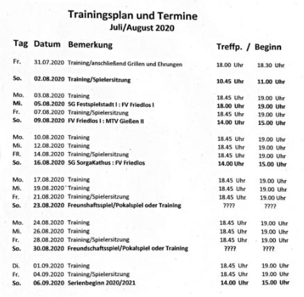 Trainingsplan Sommer 2020